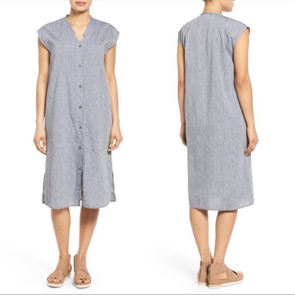 Eileen Fisher Dresses & Skirts - Eileen Fisher Large Organic Yarn Dyed Cotton Linen Chambray Midi Dress